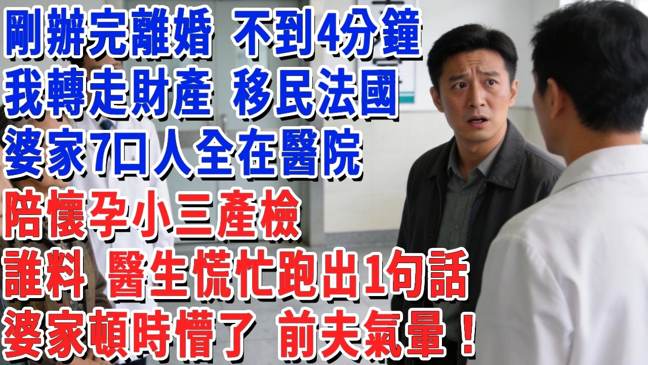 剛辦完離婚 不到4分鐘，我轉走財產 移民法國，婆家7口人全在醫院，陪懷孕小三產檢，誰料 醫生慌忙跑出1句話，婆家頓時懵了 前夫氣暈！#小娟講故事 #情感故事 #老年生活