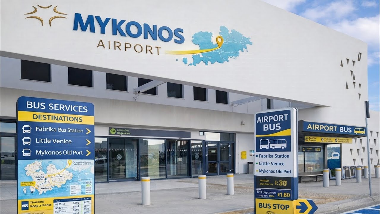 MYKONOS Airport (Greece) Cyclades Islands, Mykonos Airport, Fabrika Bus Service - Port. #greece