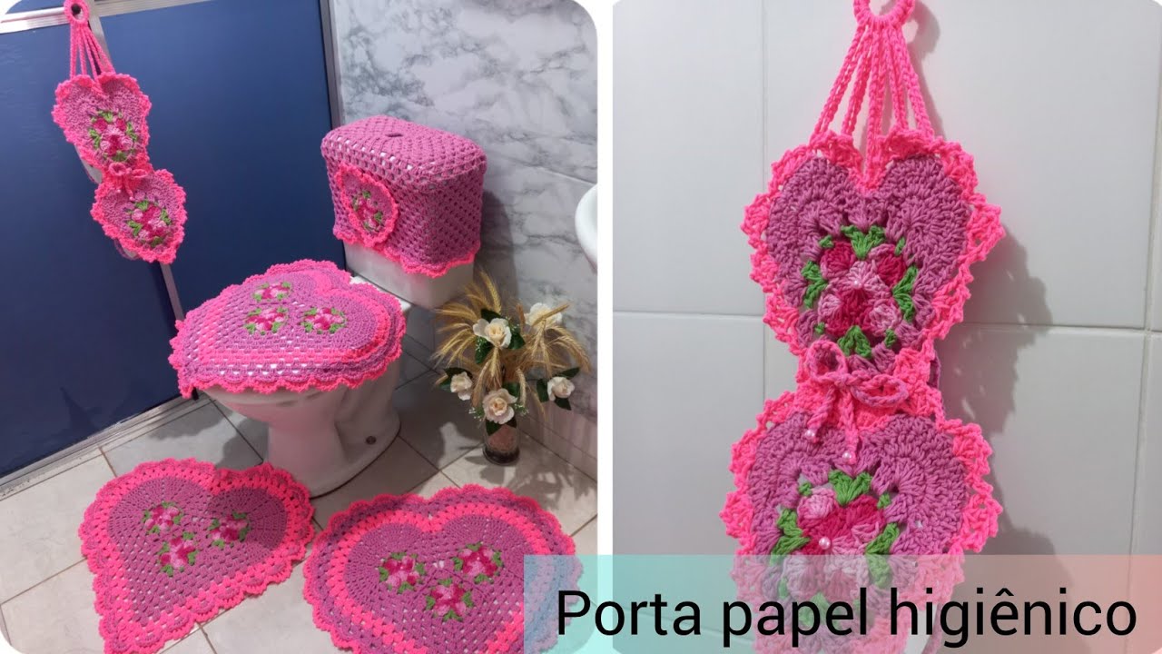 Jogo de banheiro Coração | Porta papel higiênico de croche coração ❤️