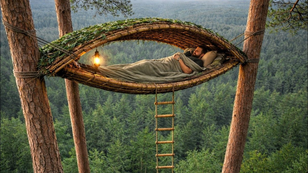 A man built a hut suspended between two trees on the mountain #camping #survivalbushcraft  