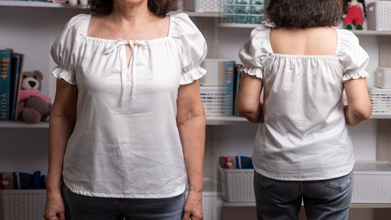 Cómo hacer una Blusa de verano con mangas bombachas y lazo en el cuello