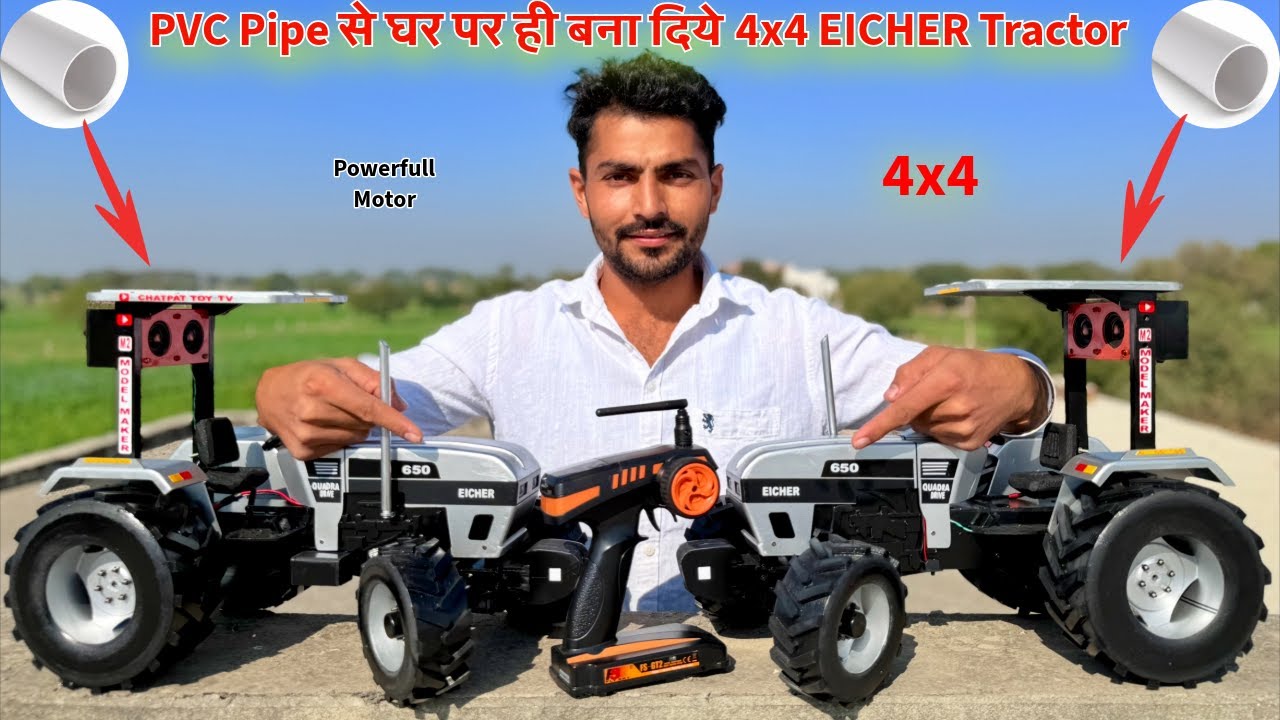 Making a Rc Tractor Eicher 650 4WD at Home using PVC Pipe with High Power Dc Gear Motor