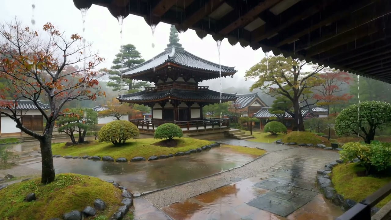 Japanese Pagoda Garden In Heavy Rain | Deep Sleep White Noise | Zen Garden | Relax