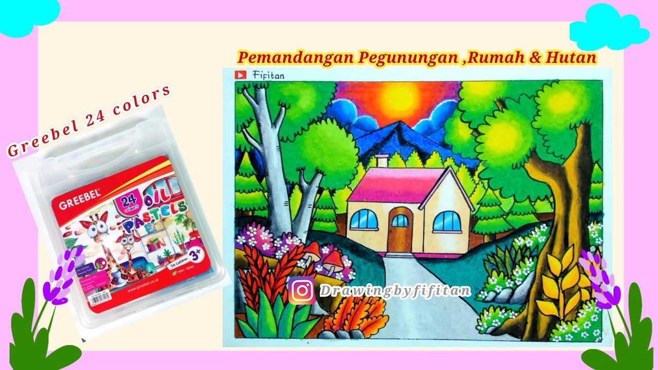 Tutorial Menggambar Tema Pemandangan Pegunungan , Rumah dan Hutan EP 578