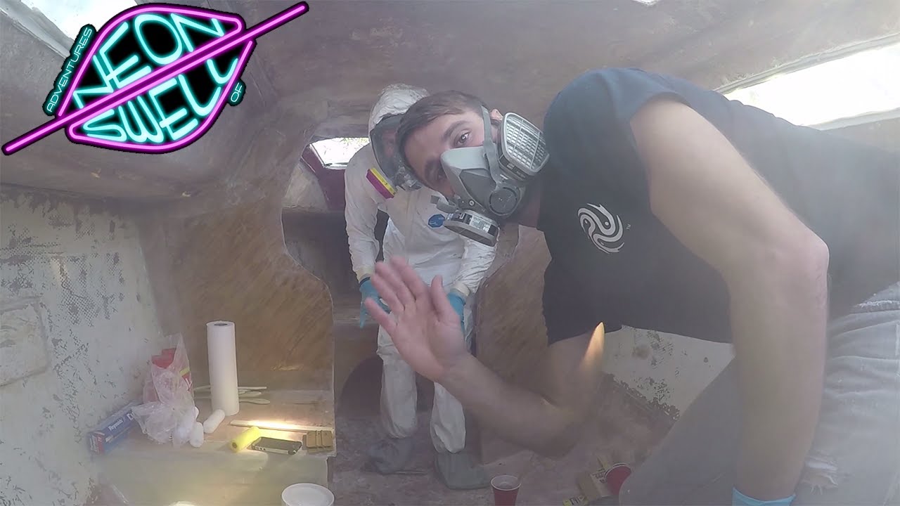 Upside Down Applying Fiberglassing to the Deck (22' Sailboat Refit) - Neon Swell - Ep. 7