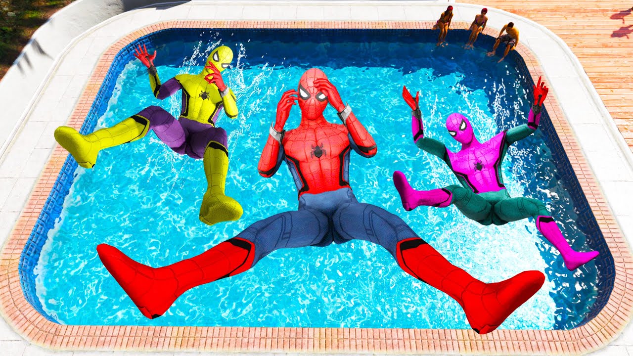 GTA 5 Rainbow  Yellow Vs Red & Pink Spiderman Jumping Into Pool (Euphoria Physics/Ragdolls) #1
