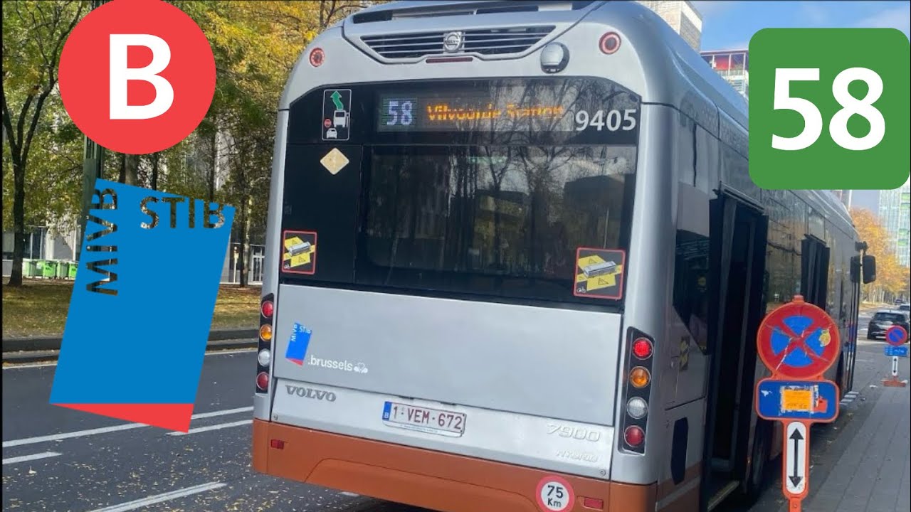 Stib: trajet de ligne 58 dans un Volvo hybride 7900 entre Albert II et docks bruxsel (9405)