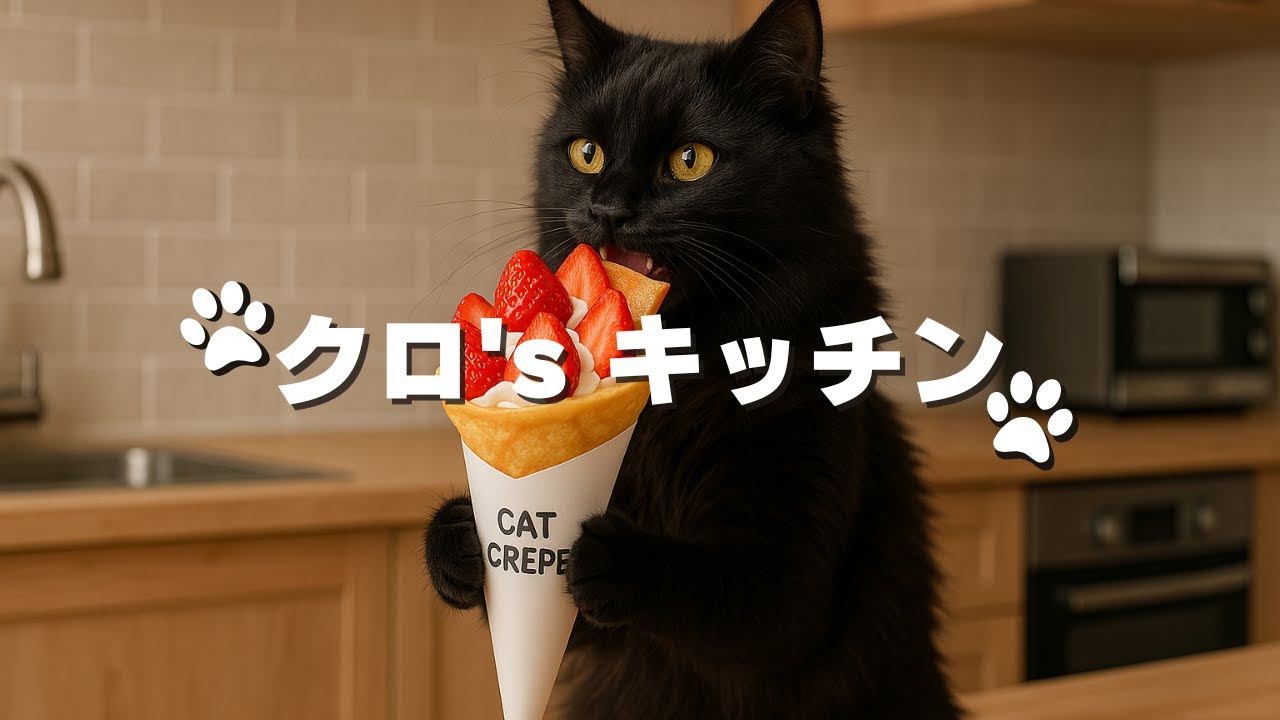 【料理】ふわふわ黒猫クロのイチゴクレープ作り！【AI 猫】