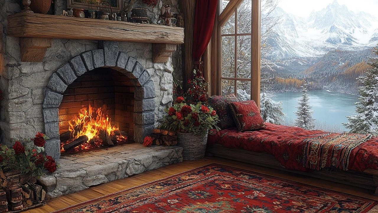 4K Crackling Fire Cozy Cabin Fireplace with Mountain View | Screensaver, Sleep or Relaxing