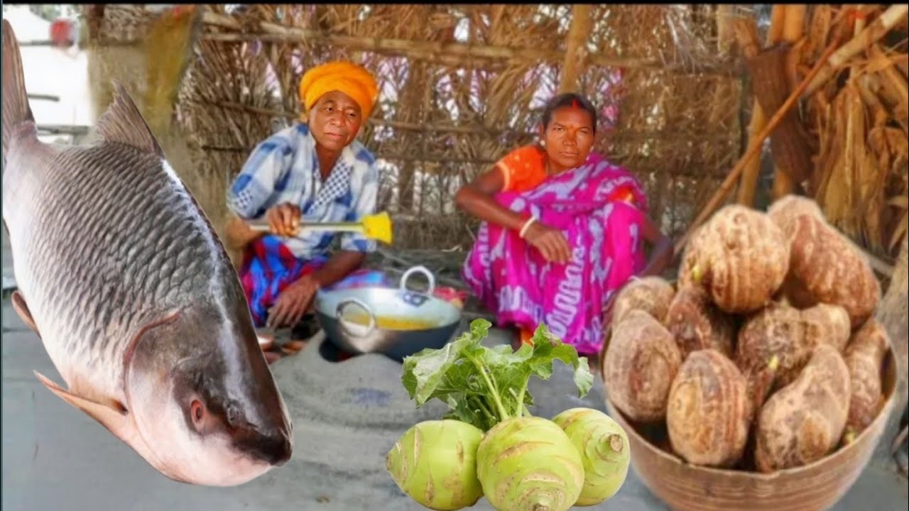 fish curry recipe and taro root || rohu fish curry recipe || village women cooking video #rohufish