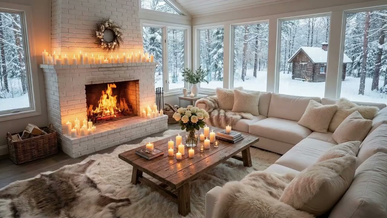 Fireplace Glow in a Snowy Cabin Living Room | A Peaceful Winter Evening to Unwind and Rest
