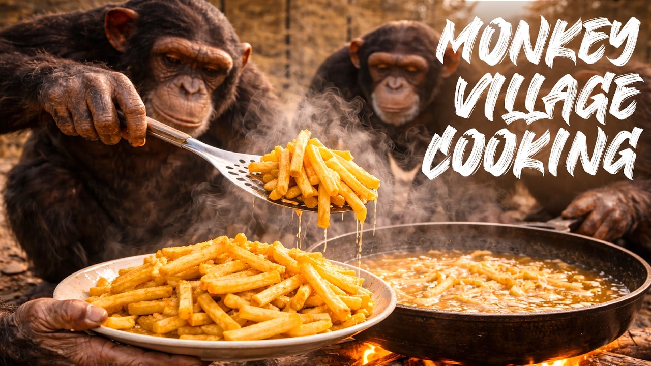 MONKEY VILLAGE COOKING ASMR | French Fries | Easy Snack | Bandar Kurangu Cute Cartoon AI Video Bomma