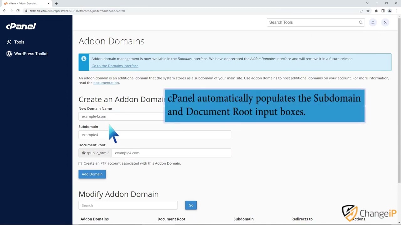 How to Create Addon Domains with ChangeIP