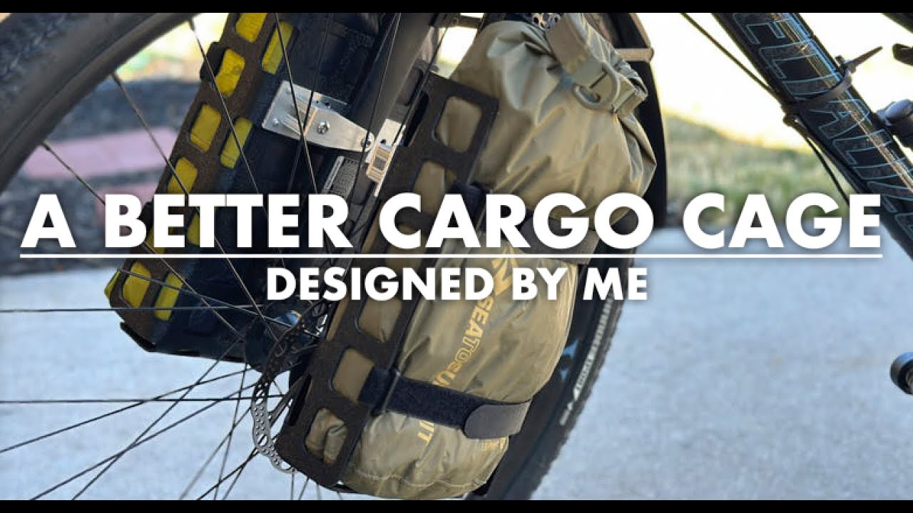 A front fork cargo cage for tents and dry bags.