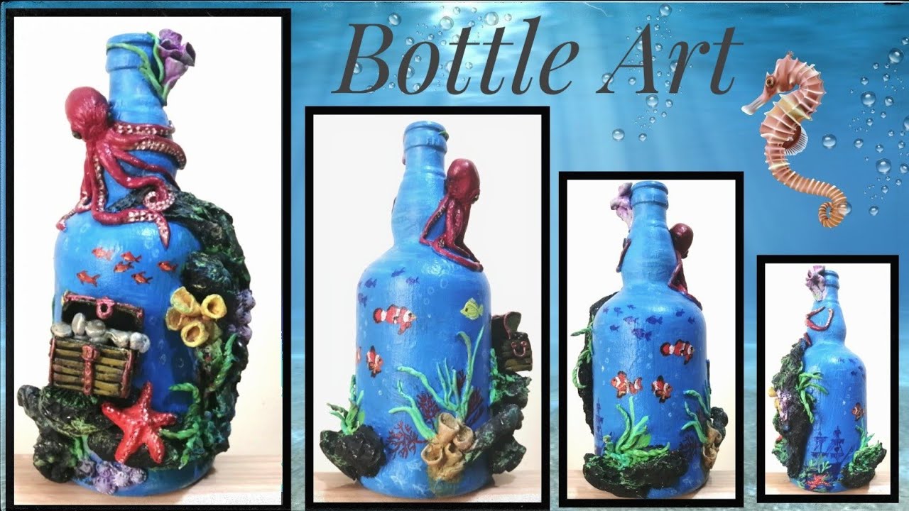 Ocean Themed bottle art | ocean,underwater,treasure chest bottle art | bottle art using clay |Ep 102