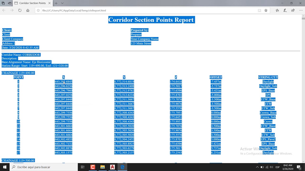 REPORTE PUNTOS DE SECCION EN CIVIL3D