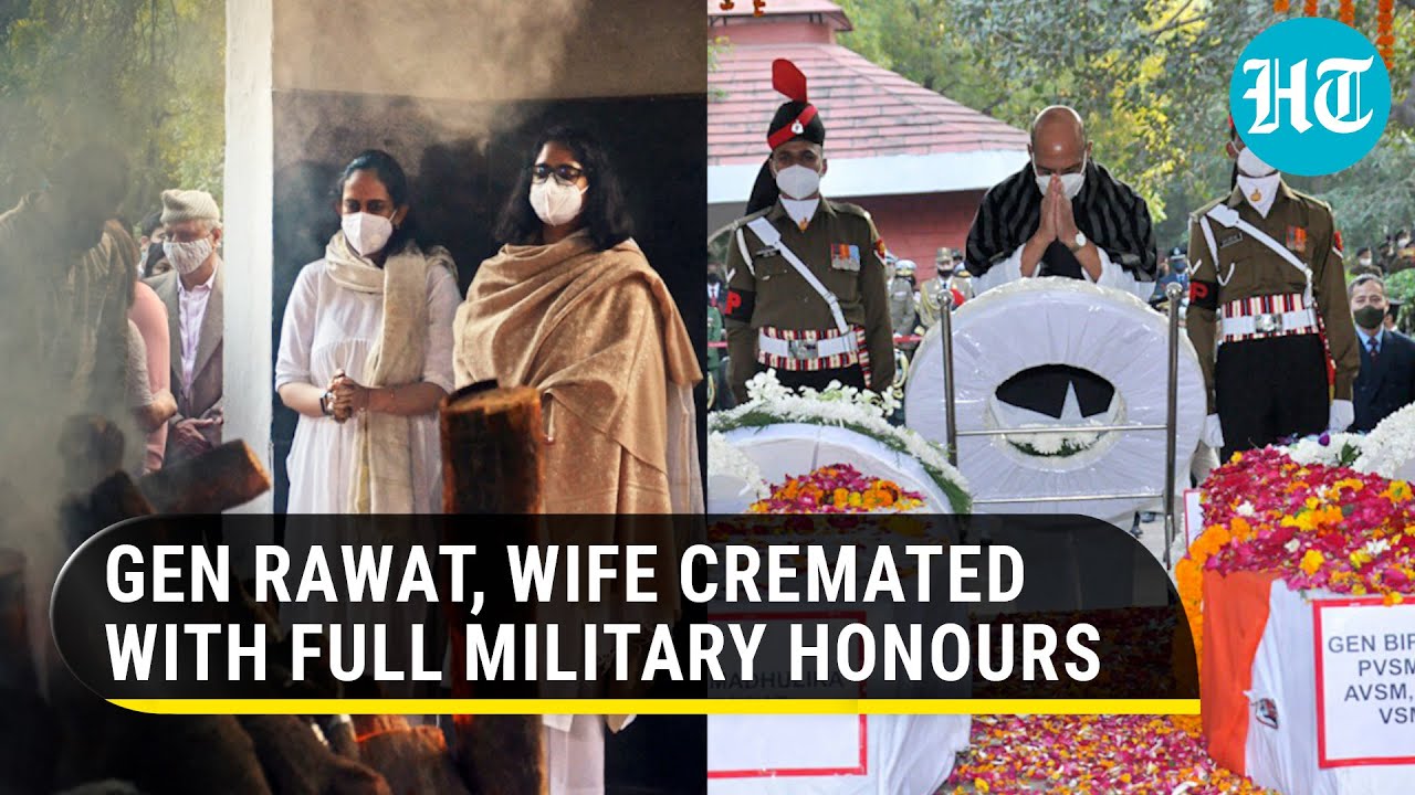 Watch: Daughters perform last rites of CDS Gen Bipin Rawat, wife Madhulika amid 17-gun salute