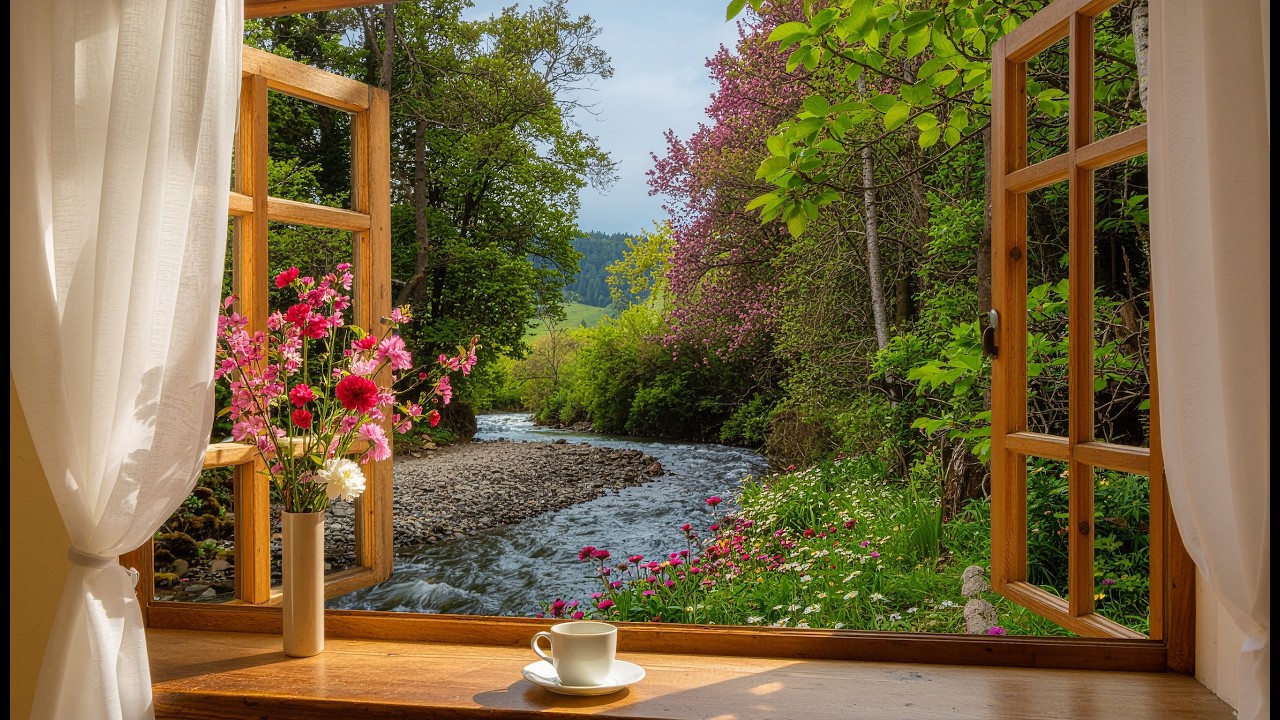 1 Hour Relaxing River Sounds & Birds Singing from Spring Window 🌿 Nature Ambience for Sleep & Focus