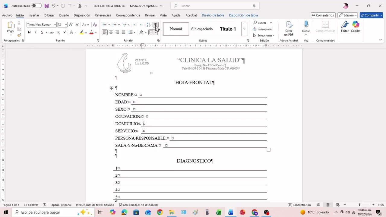 Word Tablas Hoja frontal
