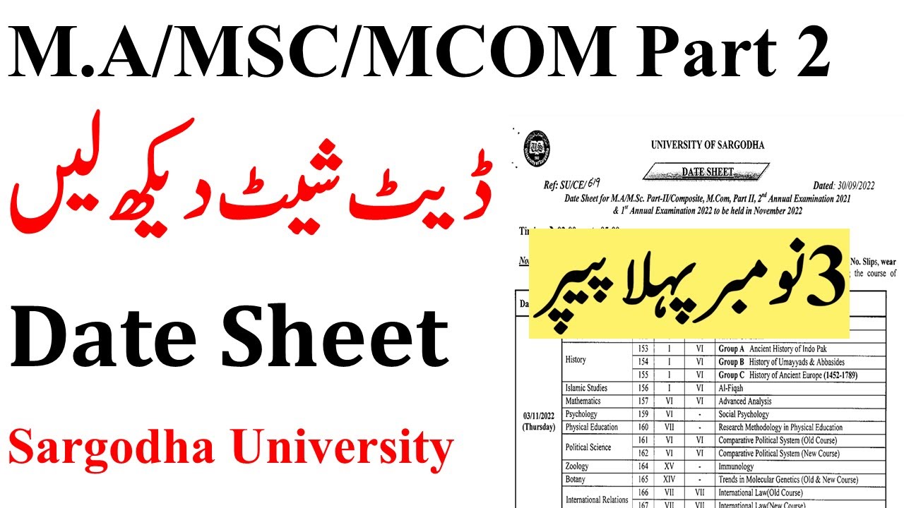 MA MSc MCOM Part 2 Annual 2022 & Supply 2021 Date Sheet Official Sargodha University MA MSc UOS