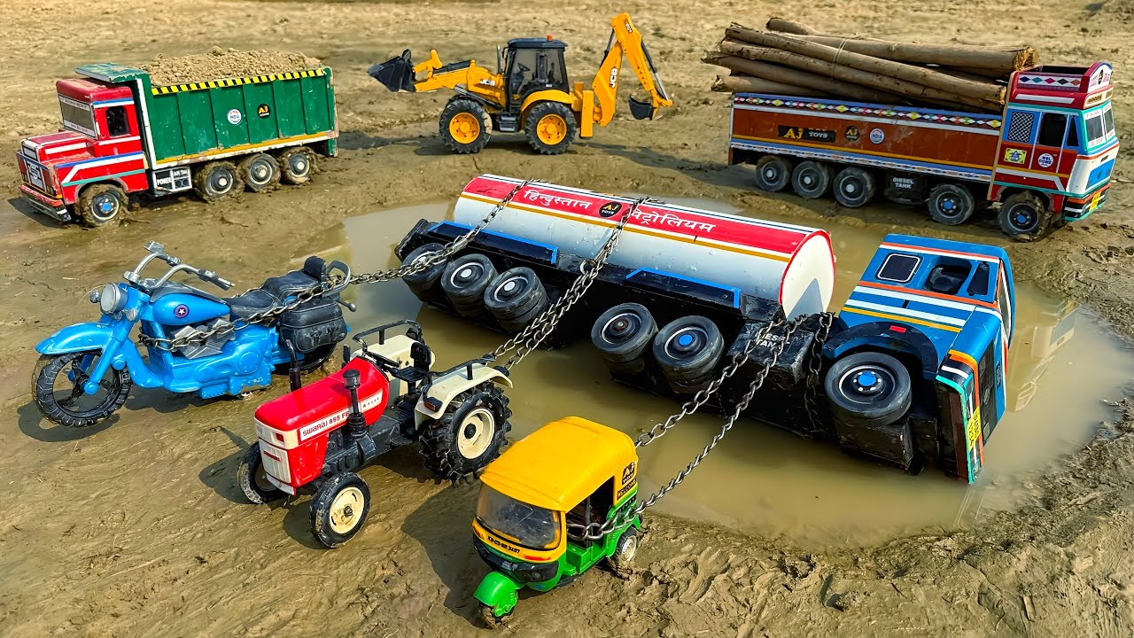 JCB Tractor Cartoon | Tata Petrol Tanker Accident Pulling Out Auto Rickshaw Tractor Bike | AJ TOYS