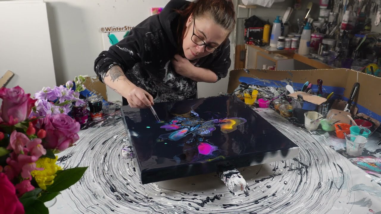WOW! Poppin' Hide and Reveal!  'Space rose'  colorful acrylic abstract fluid art painting