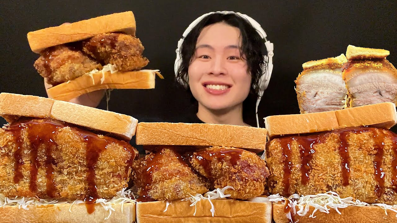 ASMR 角煮カツサンドで胃もたれしてみた！【咀嚼音/大食い】