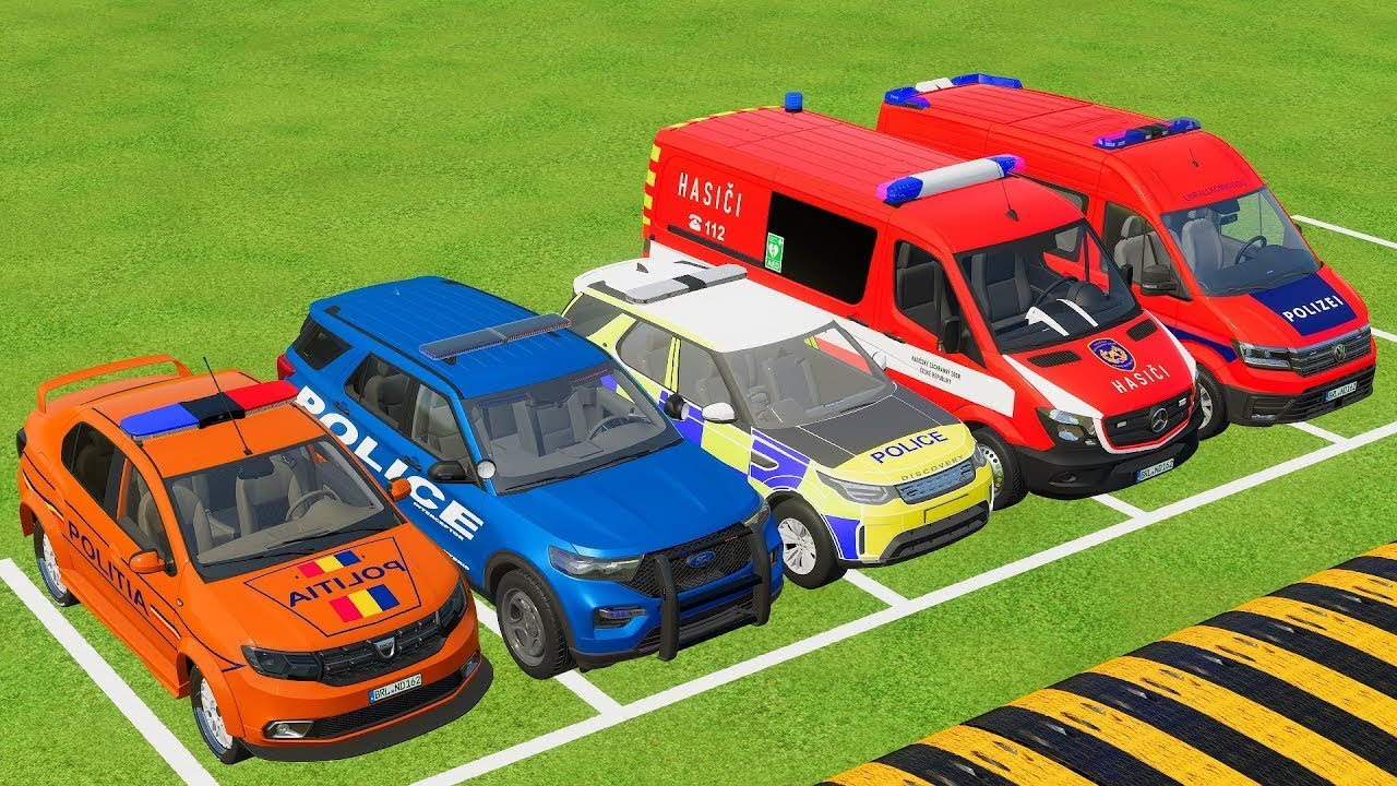 TRANSPORTING EMERGENCY DEPARTMENT CARS, AMBULANCE, POLICE CARS, FIRE TRUCK ! WITH TRUCKS! - FS 22