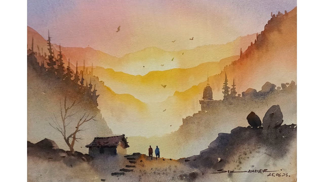 Easy Sunset Watercolor Landscape Painting