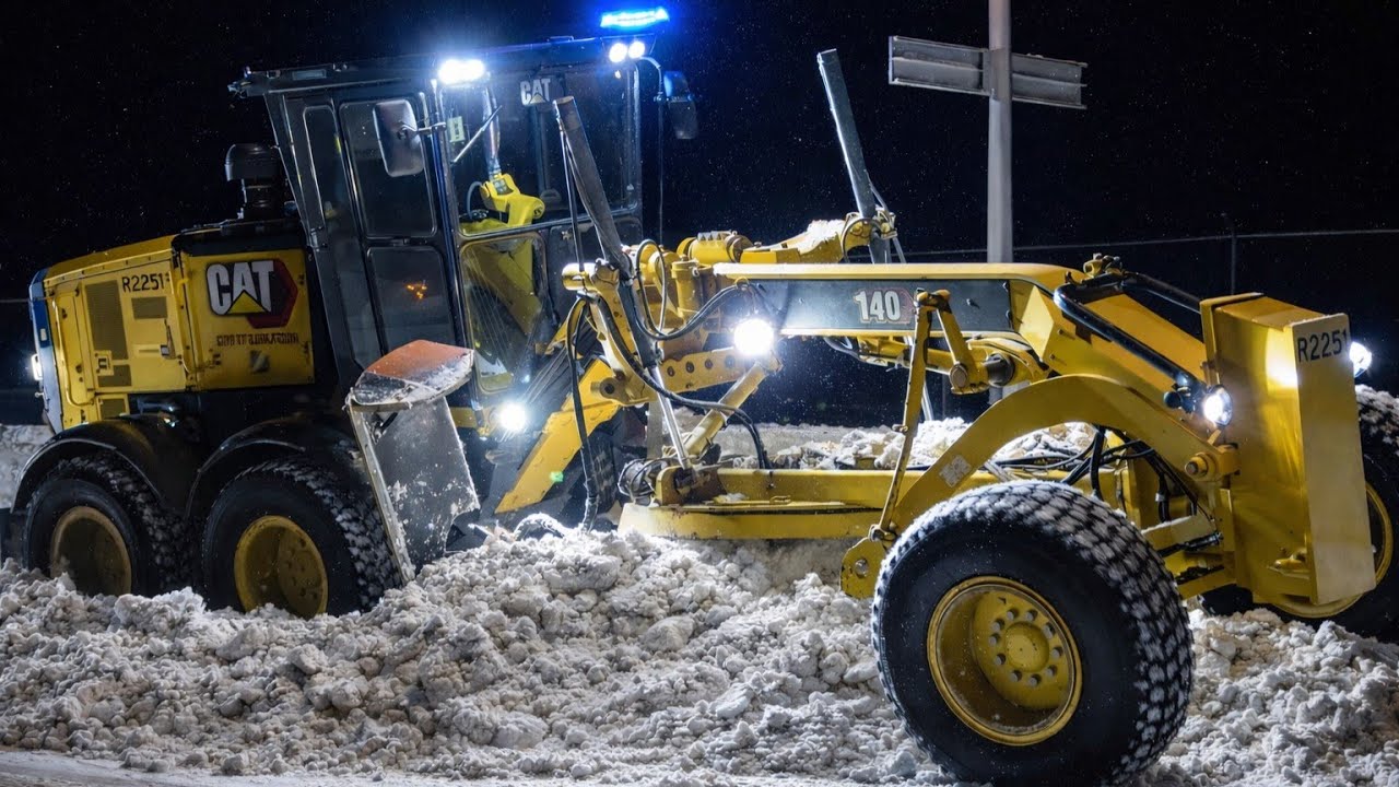 CAT Snow Removal Operation — Graders and Snow Blowers Loading Trucks