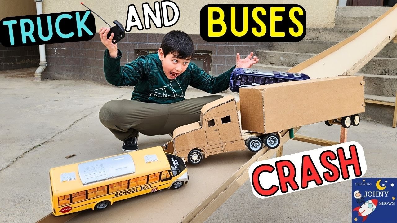 DIY Cardboard Semitruck Crashes With Buses On Giant Cardboard Tracks