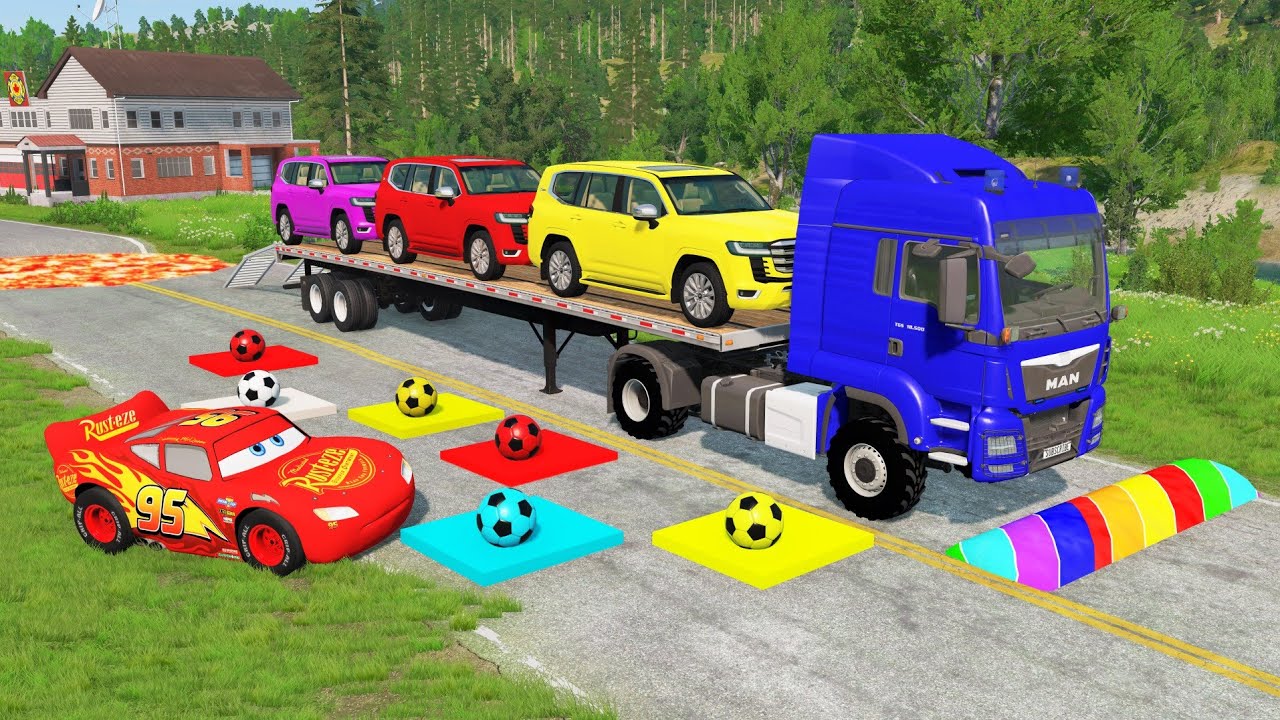 Flatbed Truck McQueen | Transportation with Truck - Pothole vs Car #76 | BeamNG.Drive Gameplay