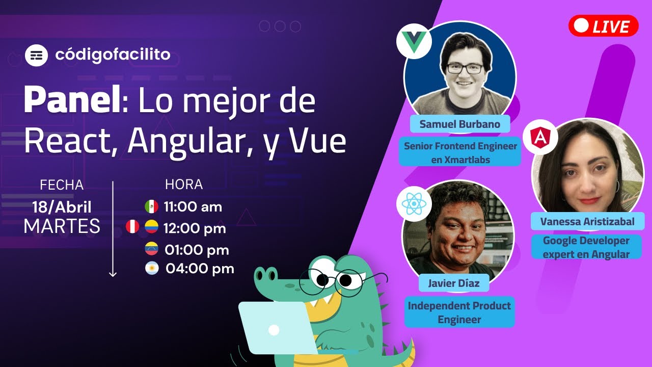 Panel de frameworks Frontend: Vue, React, y Angular