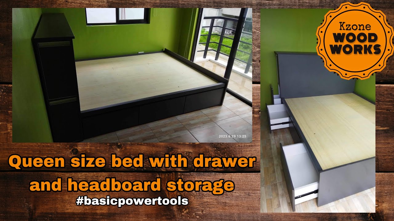 Queen size bed with drawer and headboard storage | Kzonewoodworks
