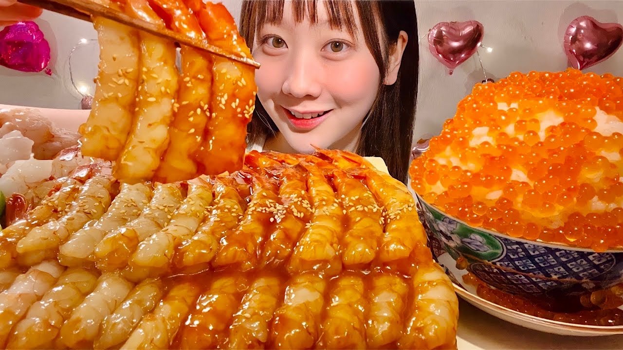 ASMR Острый сашими из креветок Чаша с икрой лосося【русские субтитры】【Mukbang/ Eating Sounds】