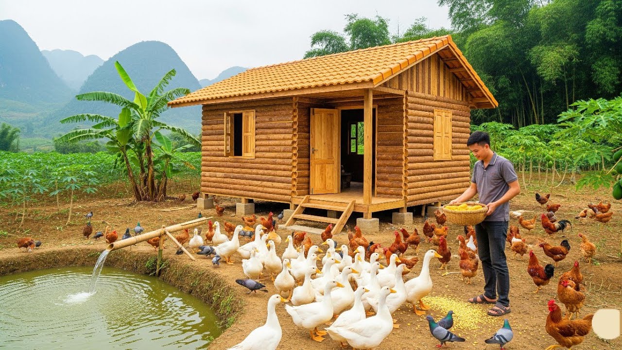 Left the City for the Forest: Builds Wooden Cabin, Lives Freely – Raising Chickens & Ducks in Nature