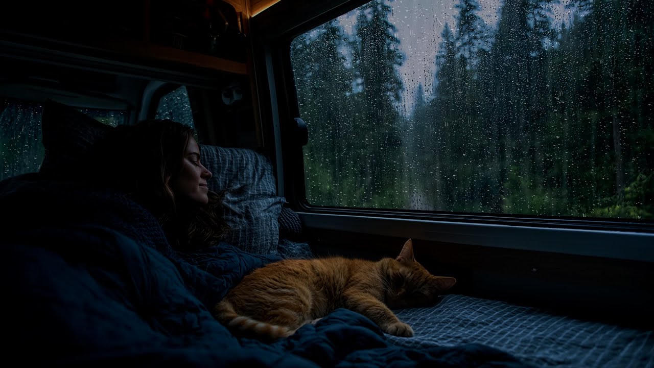 Safe & Warm in the Rain ⛈️ Cozy Van Life with my Cat | Deep Sleep Ambience