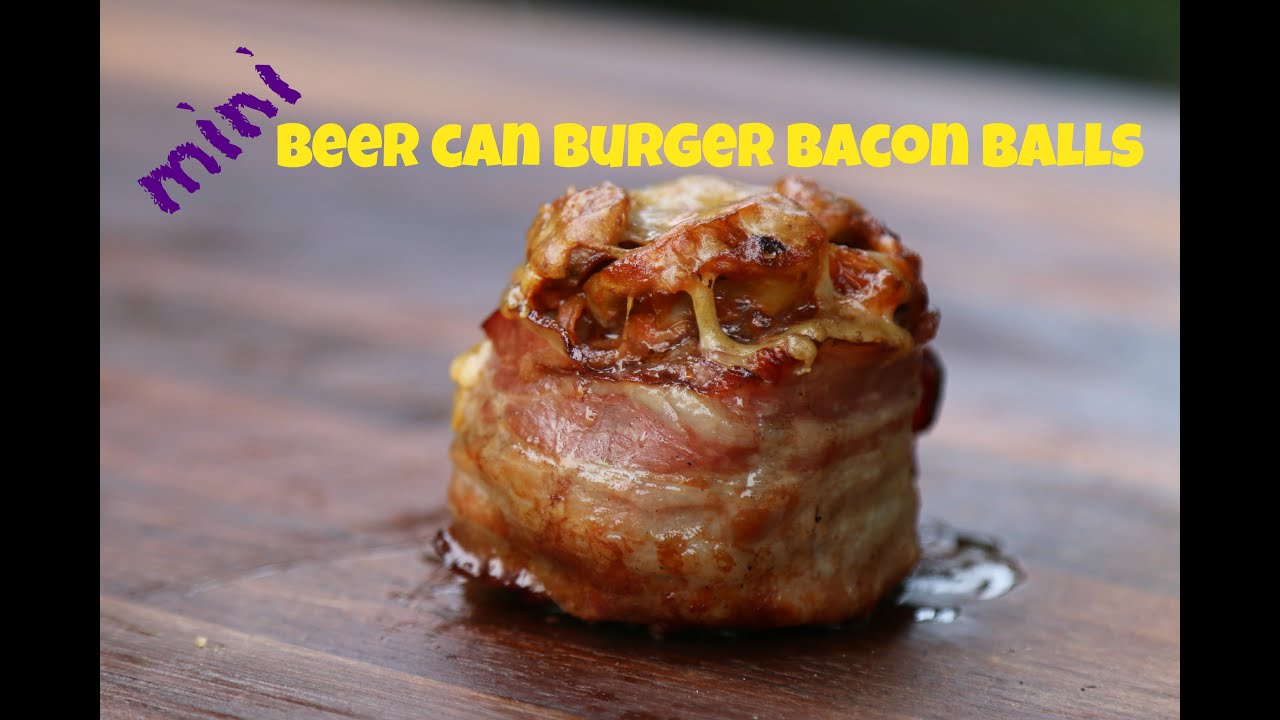 Mini Beer Can Bacon Burger Balls mit sautierten Champignons und Gruyère