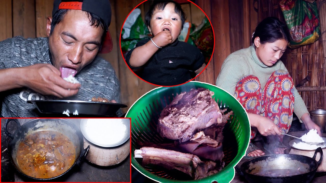 manjita cooking buff skin & bones || Himalayan buff curry recipe || cooking on the sheep hut ||