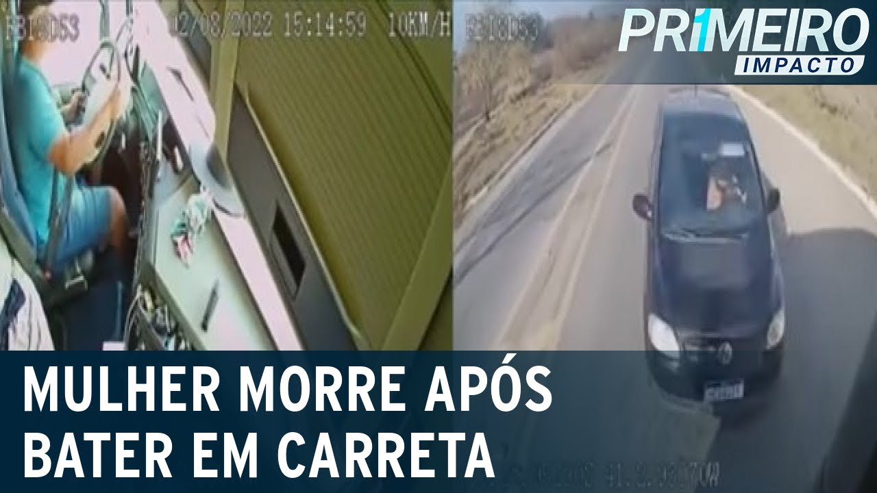 Flagrante: carro invade contramão e bate de frente com carreta | Primeiro Impacto (05/08/22)