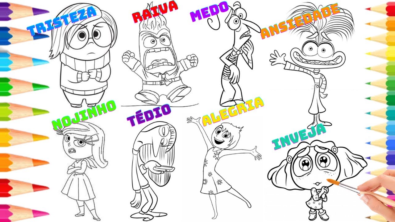 Divertidamente 2 Colorir Pintar Inveja Ansiedade Tédio Alegria Nojinho Raiva Medo Tristeza #helloisa