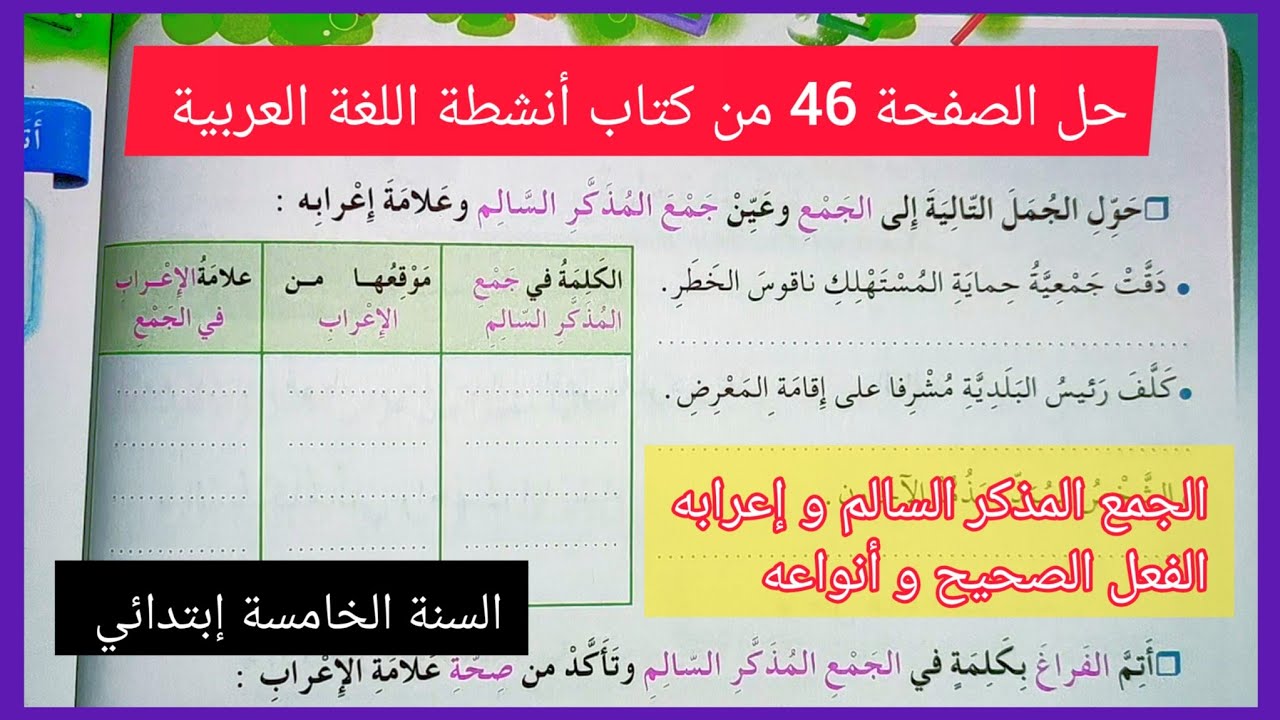 حل الصفحة 46 من كتاب أنشطة اللغة العربية للسنة الخامسة إبتدائي الجمع المذكر إعرابه ، الفعل الصحيح