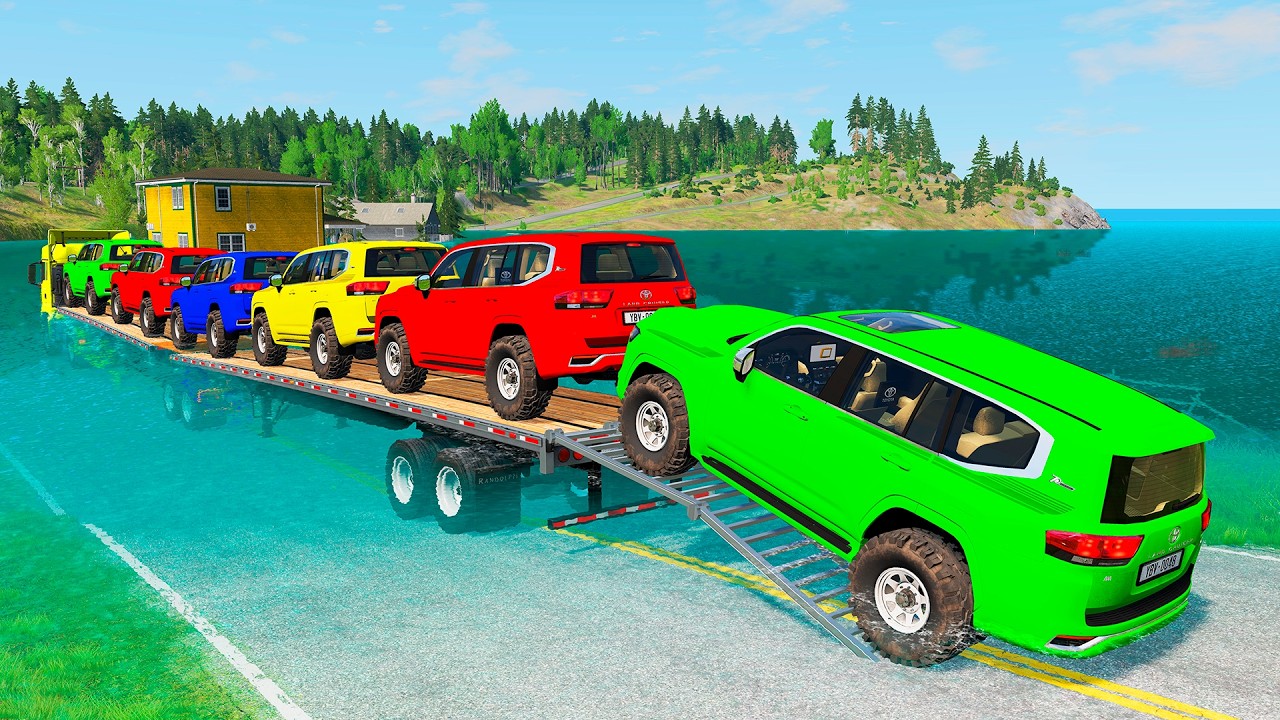 Triple Flatbed Trailer McQueen Transportation with Truck - Speedbumps vs Cars vs Train - BeamNG #50