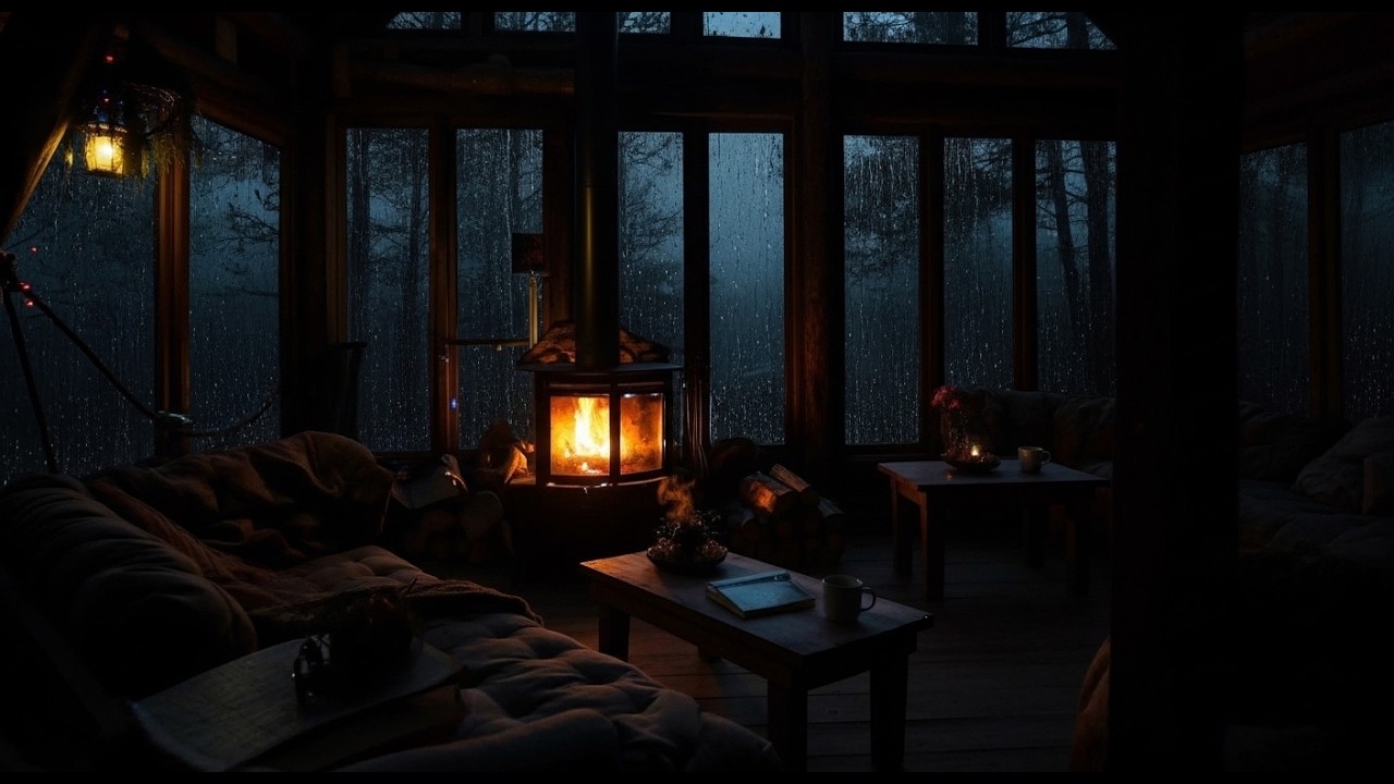 Goodbye Fatigue to Sleep well w/Torrential Rain & Fireplace🔥on Old Tree House in mystery forest