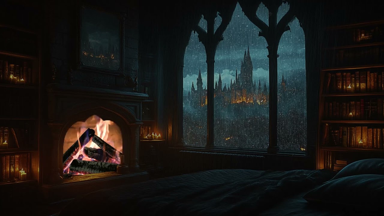 Rainy Night Castle View | Cozy Fireplace Bedroom Glow | Relaxing Ambience for Deep Sleep