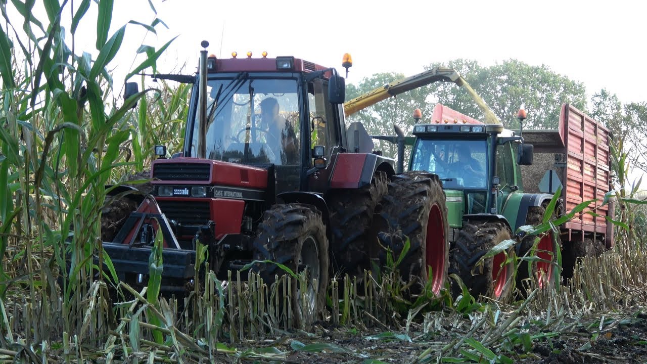 Mais hakselen met New Holland FX375 & Case International 1056XL als sleeptrekker (2017)