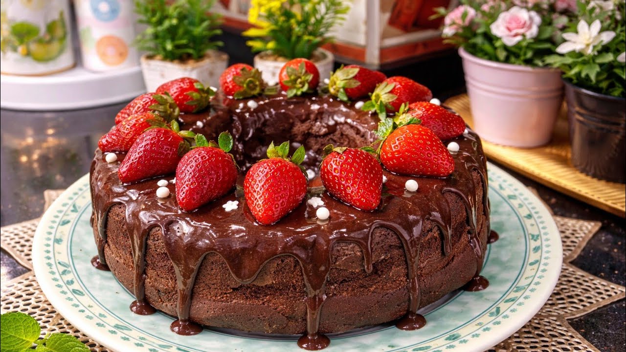 كيكة شوكولاتة غرقانة بالصوص وتزيين الفراولة 🍫🍓 أحلى كيكة سهلة وناجحة معاكي من اول مره👌
