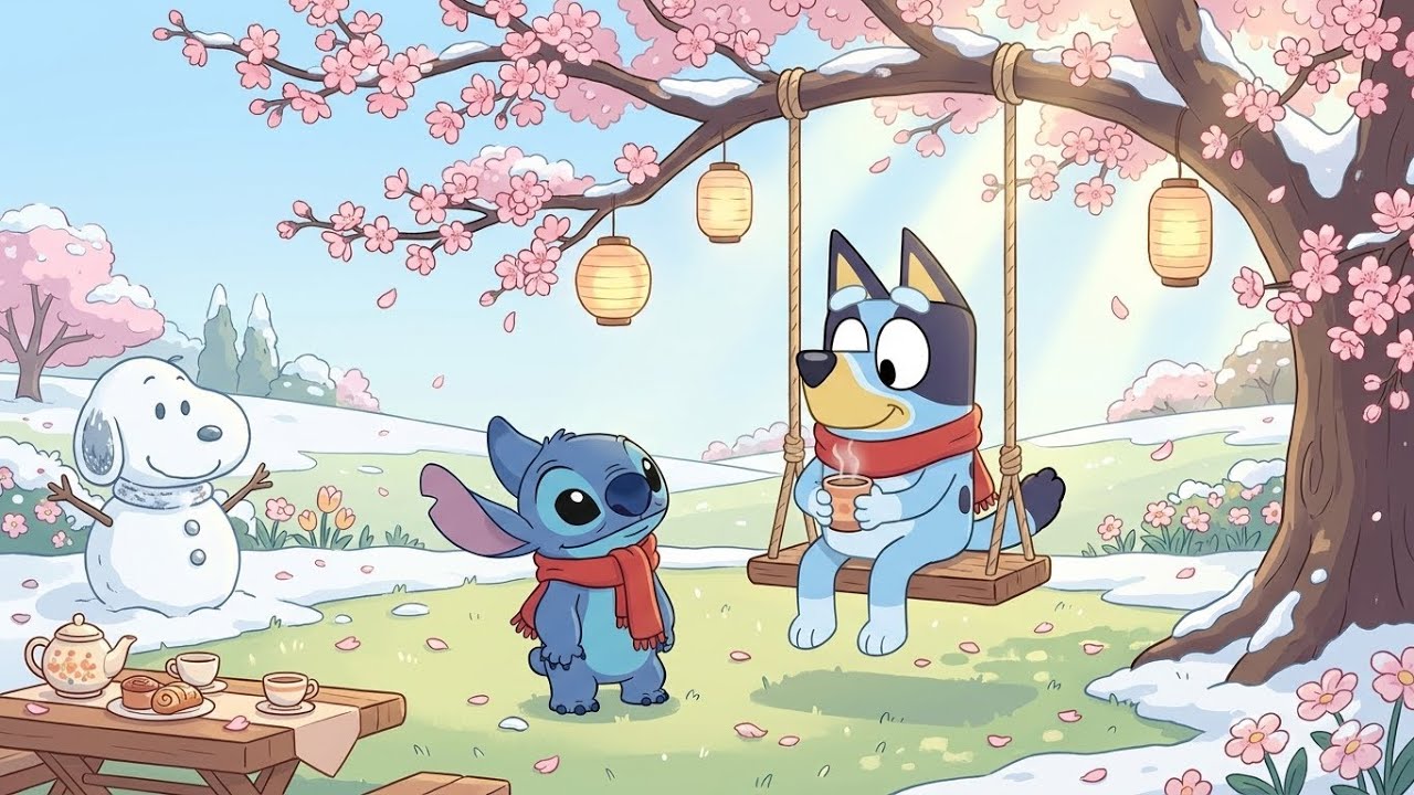 Stitch & Bluey Early Spring Morning Day 🌸 Soft Lofi Beats for Study & Focus 💫 Calm Blossom Tea Time