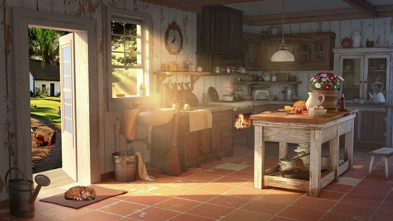 Cozy Grandma's Country Kitchen Farm Sounds 🥞 ASMR Ambience (birds singing, sizzling, crackling...