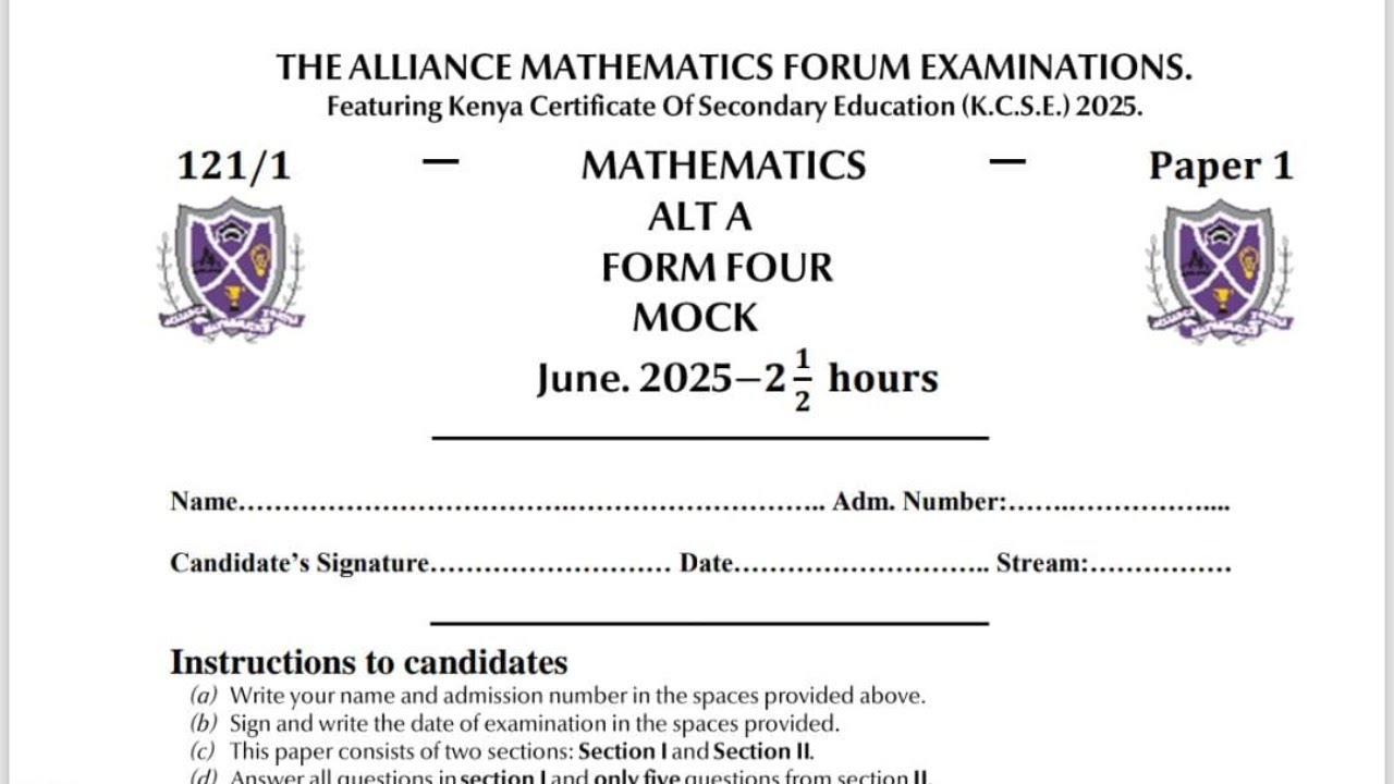 ALLIANCE MATHEMATICS FORUM, TERM 2 MOCK 2025, PAPER 1 SECTION 1